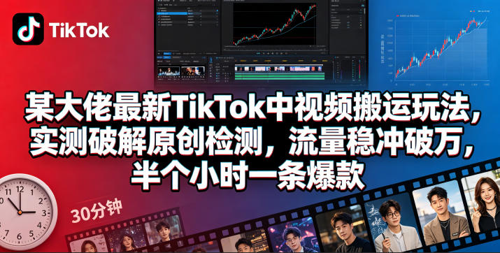 某大佬最新TikTok中视频搬运玩法，实测破解原创检测，流量稳冲破万，半个小时一条爆款-极客网创
