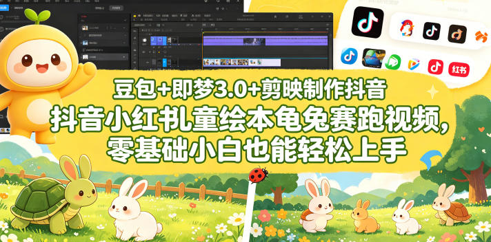 豆包＋即梦3.0+剪映制作抖音小红书儿童绘本龟兔赛跑视频，零基础小白也能轻松上手-极客网创