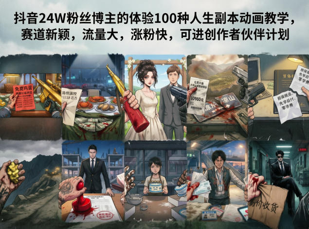 抖音24W粉丝博主的体验100种人生副本动画教学，赛道新颖，流量大，涨粉快，可进创作者伙伴计划-极客网创