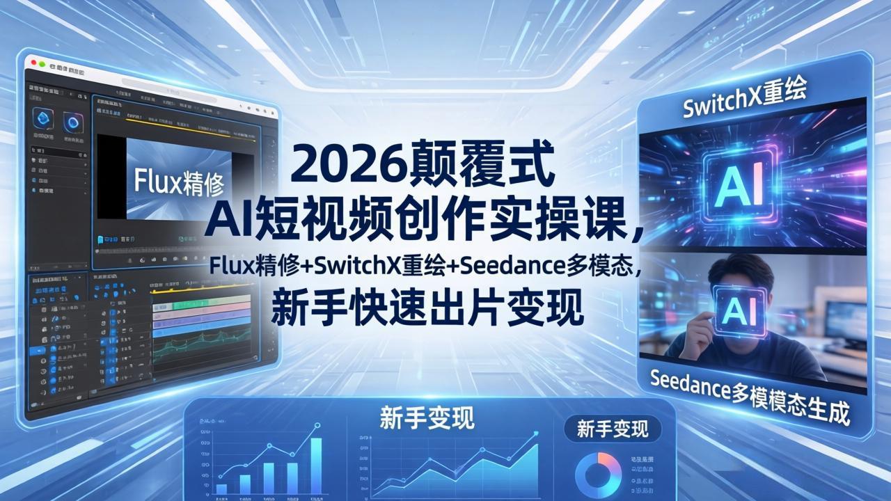 2026颠覆式 AI短视频创作课-5月更新，Flux精修+SwitchX重绘+Seedance多模态，新手快速出片变现-极客网创