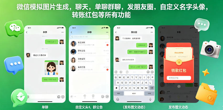 微信模拟图片生成,聊天,单聊群聊,发朋友圈,自定义名字头像,转账红包等所有功能都可以生成-极客网创