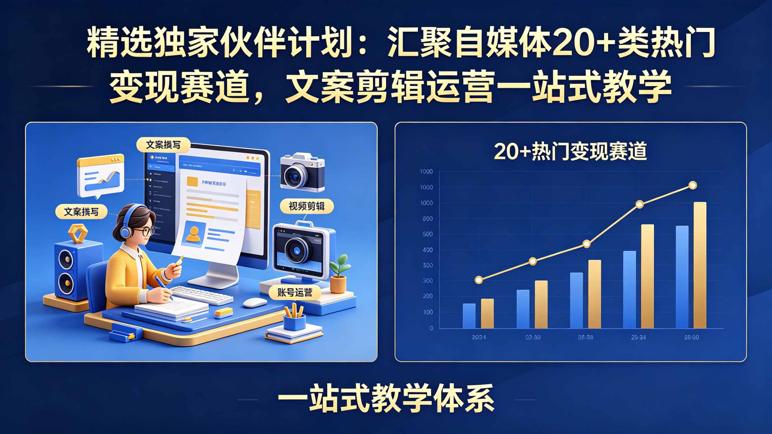 精选独家伙伴计划:汇聚自媒体20+类热门变现赛道,文案剪辑运营一站式教学-极客网创