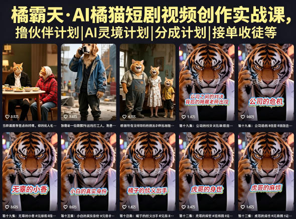 橘霸天·AI橘猫短剧视频创作实战课,撸伙伴计划|AI灵境计划|分成计划|接单收徒等-极客网创