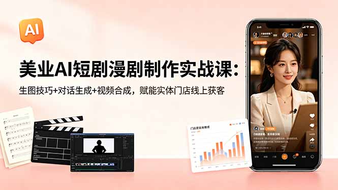 美业AI短剧漫剧制作实战课：生图技巧+对话生成+视频合成，赋能实体门店线上获客-极客网创