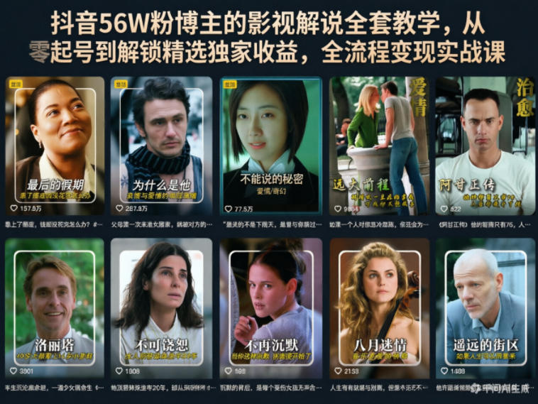 抖音56W粉博主的影视解说全套教学,从零起号到解锁精选独家收益,全流程变现实战课-极客网创