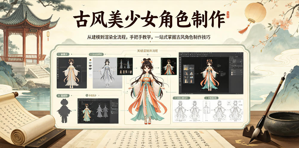 古风美少女角色制作，从建模到渲染全流程，手把手教学，一站式掌握古风角色制作技巧-极客网创