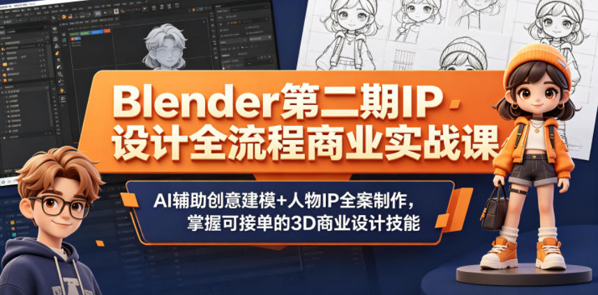 Blender第二期IP设计全流程商业实战课，AI辅助创意建模+人物IP全案制作，掌握可接单的3D商业设计技能-极客网创