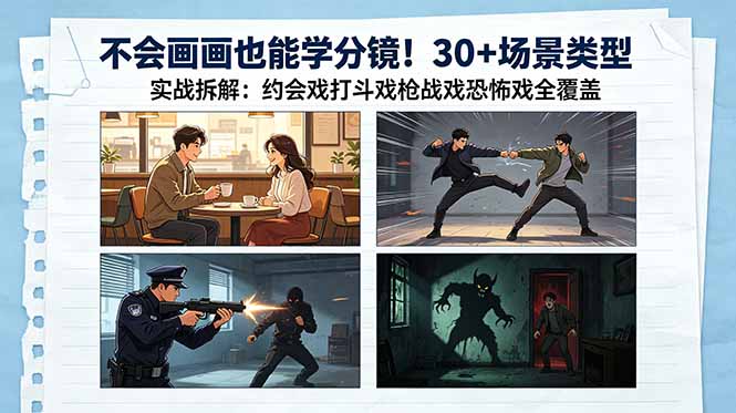 不会画画也能学分镜！30+场景类型实战拆解：约会戏打斗戏枪战戏恐怖戏全覆盖-极客网创