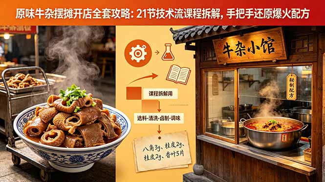 原味牛杂摆摊开店全套攻略:21节技术流课程拆解,手把手还原爆火配方-极客网创