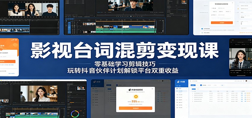 影视台词混剪变现课:零基础学习剪辑技巧,玩转抖音伙伴计划解锁平台双重收益-极客网创