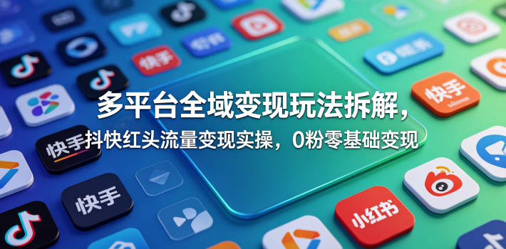 多平台全域变现玩法拆解，抖快红头流量变现实操，0粉零基础变现-极客网创