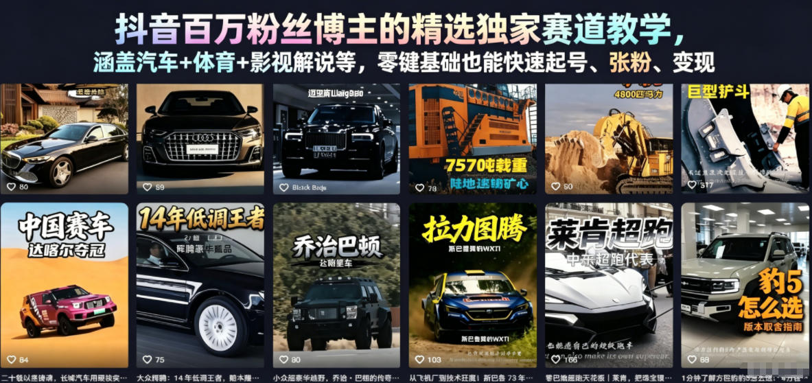 抖音百万粉丝博主的精选独家赛道教学，涵盖汽车+体育+影视解说等，零基础也能快速起号、涨粉、变现-极客网创