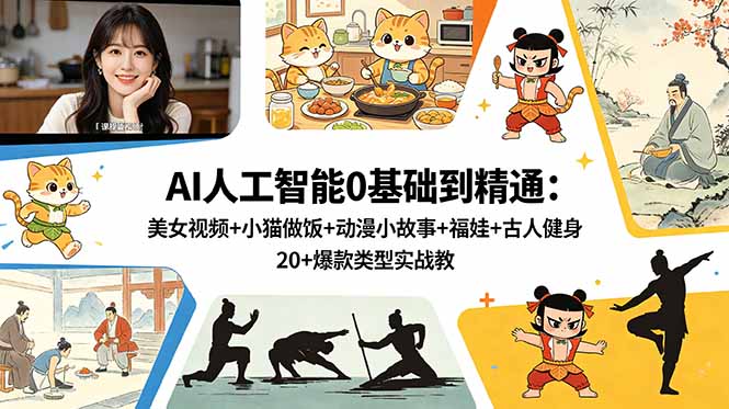 AI人工智能0基础到精通：美女视频+小猫做饭+动漫小故事+福娃+古人健身，20+爆款类型实战教学-极客网创