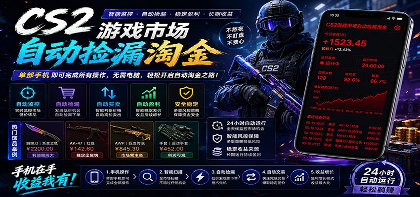 CSGO挂机捡漏项目通过利用游戏饰品交易机制，结合薄凉软件辅助捡漏，实现盈利-极客网创