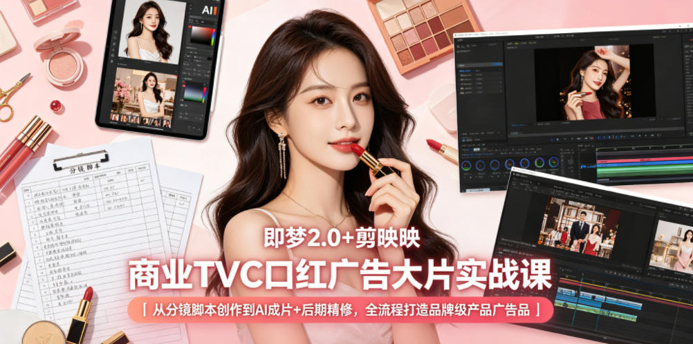 即梦2.0+剪映商业TVC口红广告大片实战课|从分镜脚本创作到AI成片+后期精修,全流程打造品牌级产品广告-极客网创