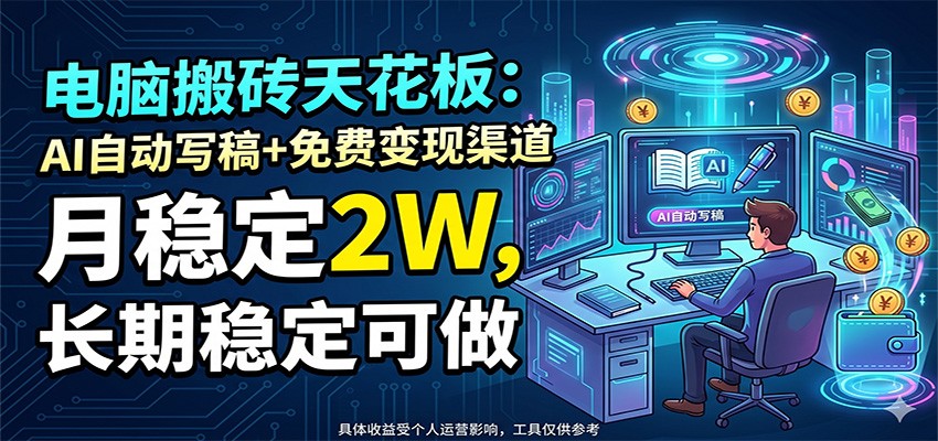 电脑搬砖天花板：AI自动写稿+免费变现渠道，月稳定2W，长期稳定可做-极客网创
