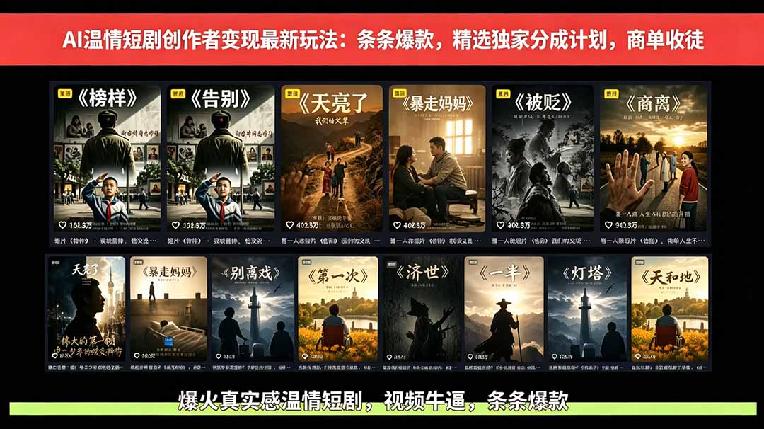 AI温情短剧创作者变现最新玩法:视频牛逼,条条爆款,精选独家分成计划,商单收徒-极客网创