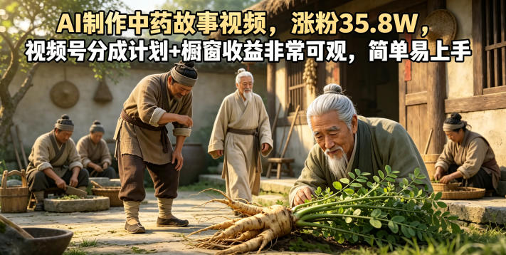 AI制作中药故事视频，涨粉35.8W，视频号分成计划+橱窗收益非常可观，简单易上手-极客网创