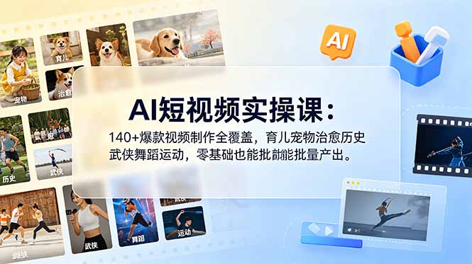 AI短视频实操课：140+爆款视频制作全覆盖，育儿宠物治愈历史武侠舞蹈运动，零基础也能批量产出-极客网创