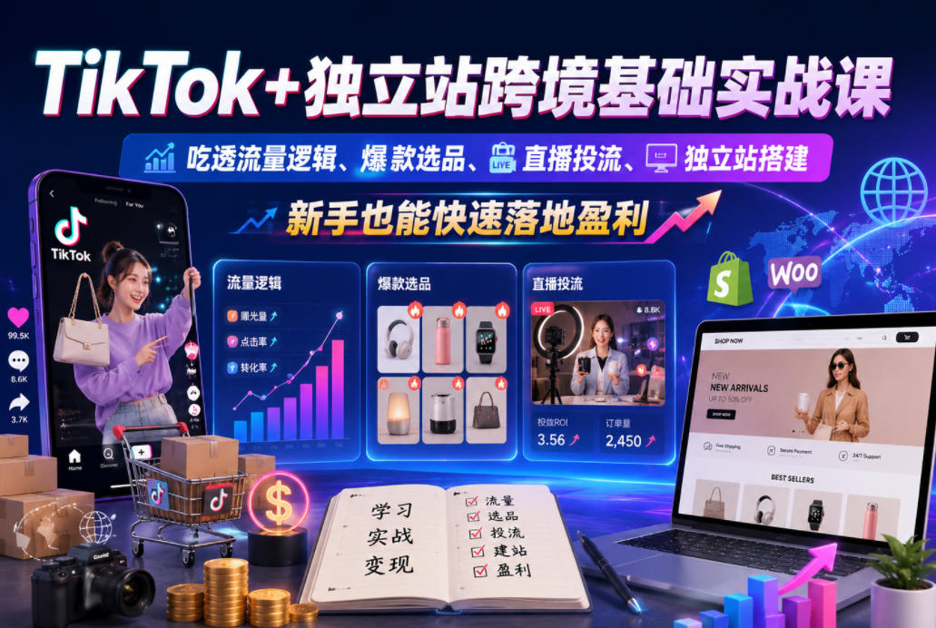 TikTok+独立站跨境基础实战课，吃透流量逻辑、爆款选品、直播投流与独立站搭建，新手也能快速落地盈利-极客网创