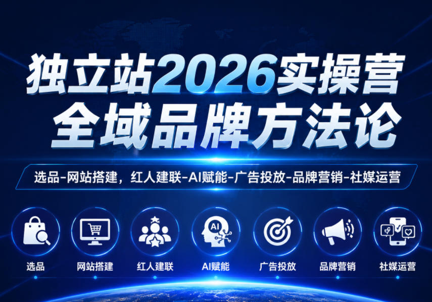独立站2026实操营，全域品牌方法论，选品-网站搭建，红人建联-AI赋能-广告投放-品牌营销-社煤运营-极客网创