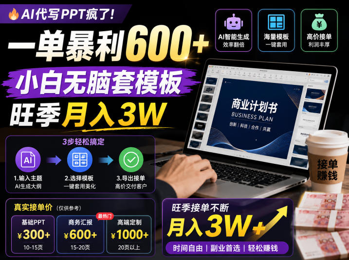 AI代写PPT疯了！一单暴利600+，小白无脑套模板，旺季月入3W，不用苦哈哈引流【揭秘】-极客网创