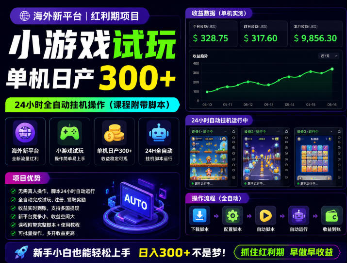 海外新平台，小游戏试玩，单机日产300+，24小时全自动挂G操作(课程附带脚本)【揭秘】-极客网创
