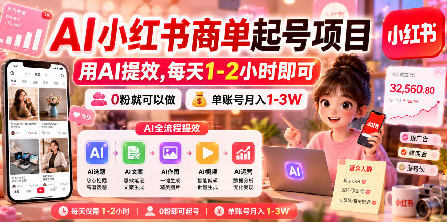AI小红书商单起号项目，用AI提效,每天1-2小时即可，0粉就可以做，单账号月入1-3W-极客网创