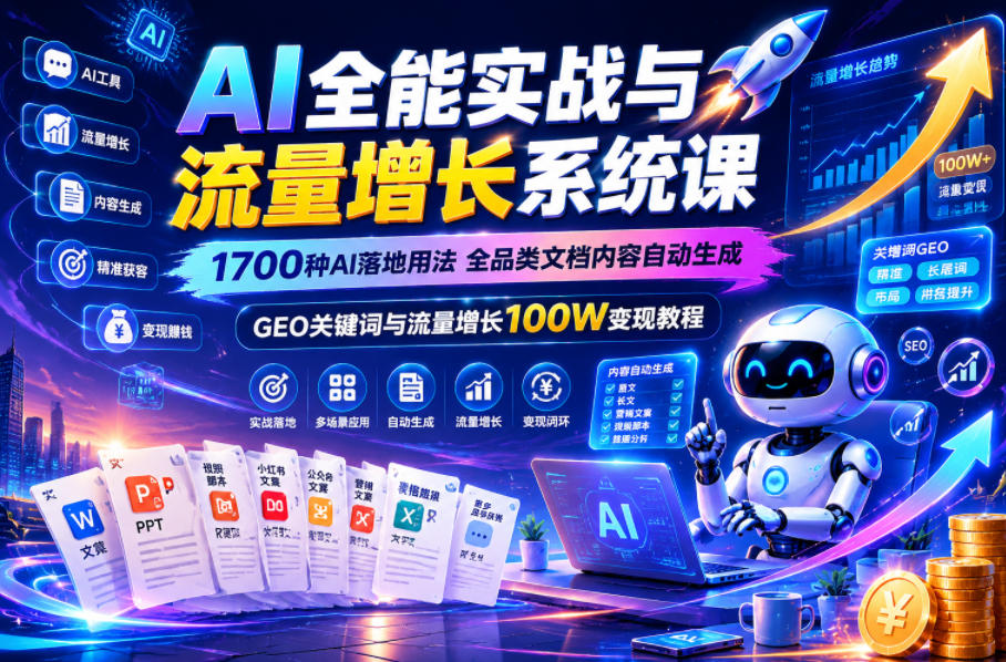 AI全能实战与流量增长系统课，1700种AI落地用法，全品类文档内容自动生成，GEO关键词与流量增长100W变现教程-极客网创