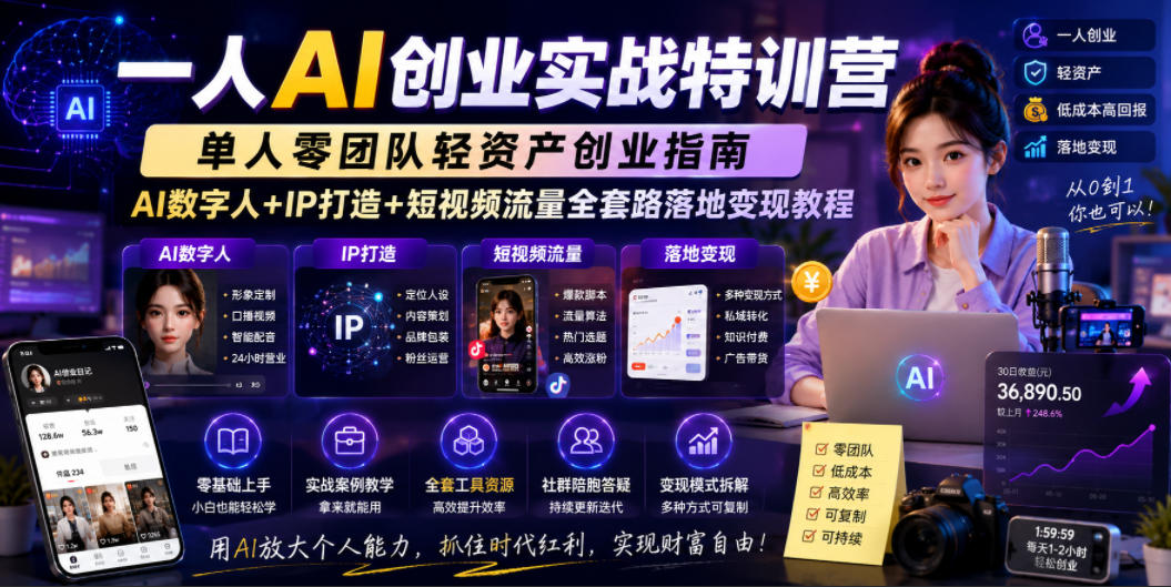 一人AI创业实战特训营，单人零团队轻资产创业指南，AI数字人+IP打造+短视频流量全套路落地变现教程-极客网创