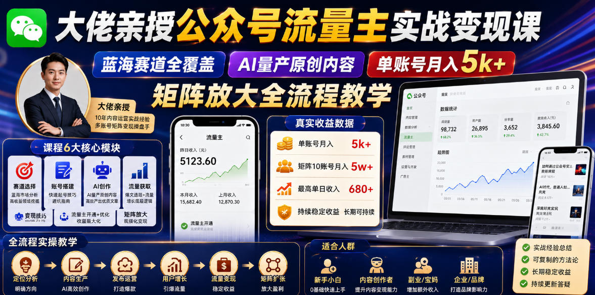 大佬亲授公众号流量主实战变现课，蓝海赛道全覆盖，AI量产原创内容，单账号月入5k+矩阵放大全流程教学-极客网创