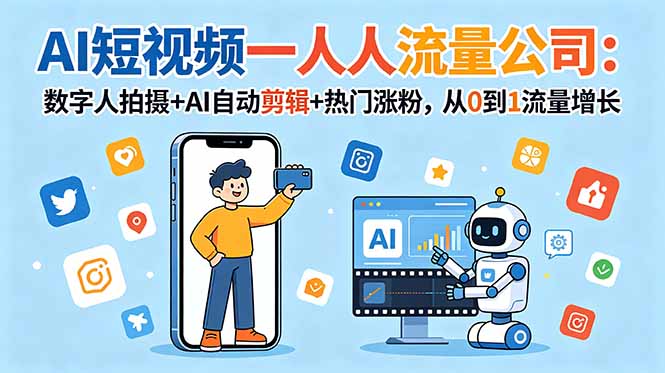 AI短视频一人流量公司:数字人拍摄+AI自动剪辑+热门涨粉,从0到1流量增长-极客网创