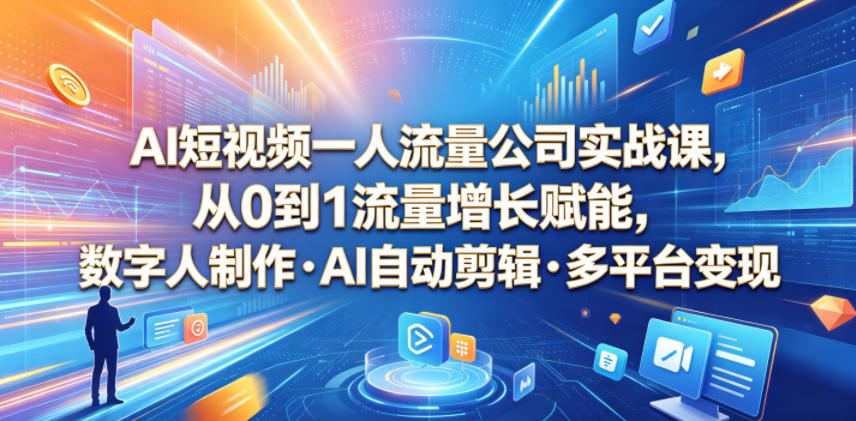 AI短视频一人流量公司实战课,从0到1流量增长赋能,数字人制作・AI自动剪辑・多平台变现,一人做流量生意全落地教程-极客网创