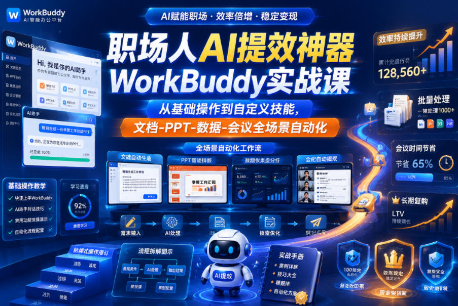 职场人AI提效神器WorkBuddy实战课,从基础操作到自定义技能,文档-PPT-数据-会议全场景自动化-极客网创
