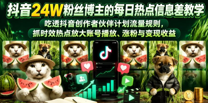抖音24W粉丝博主的每日热点信息差教学,吃透创作者伙伴计划流量规则,抓时效热点放大账号播放、涨粉与变现收益(更新)-极客网创