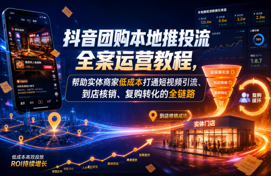 抖音团购本地推投流全案运营教程,帮助实体商家低成本打通短视频引流、到店核销、复购转化的全链路-极客网创