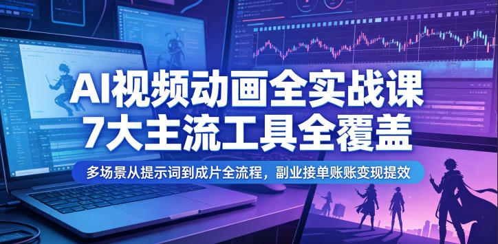 AI视频动画全实战课，7大主流工具全覆盖，多场景从提示词到成片全流程，副业接单账号变现提效-极客网创