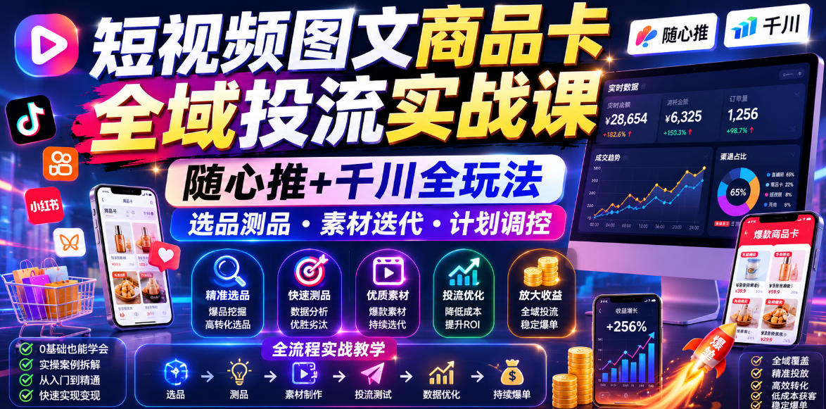 短视频图文商品卡全域投流实战课,随心推+千川全玩法,选品测品・素材迭代・计划调控,提升ROI爆单增收教程-极客网创