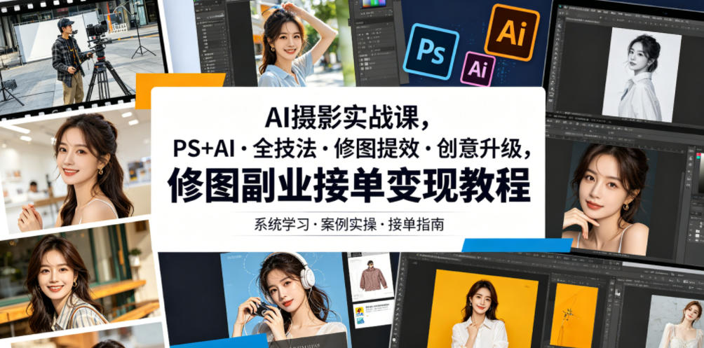 AI摄影实战课,PS+AI・全技法・修图提效・创意升级,修图副业接单变现教程-极客网创