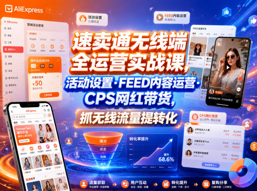 速卖通无线端全运营实战课,活动设置・FEED内容运营・CPS网红带货,抓无线流量提转化-极客网创