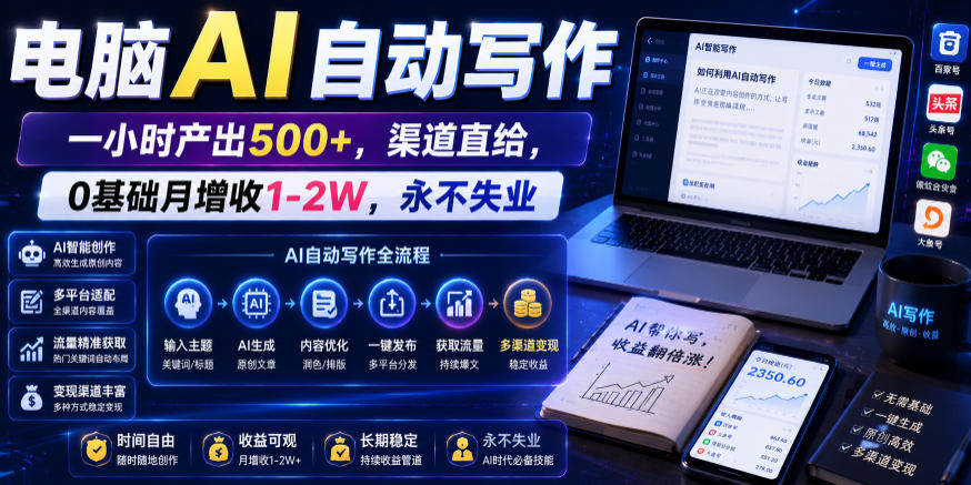 电脑AI自动写作,一小时产出500+,渠道直给,0基础月增收1-2W,永不失业【揭秘】-极客网创