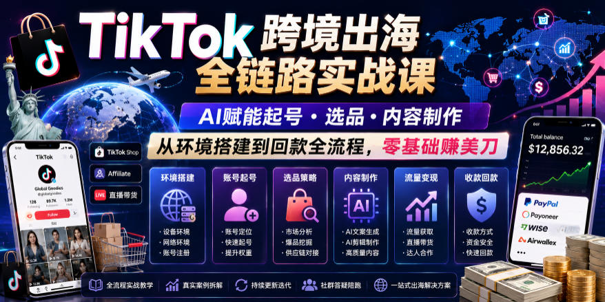 TikTok跨境出海全链路实战课,AI赋能起号・选品・内容制作,从环境搭建到回款全流程,零基础賺美刀-极客网创