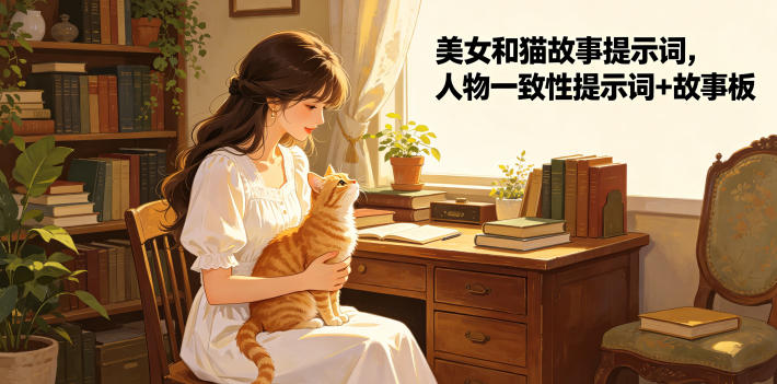 美女和猫故事提示词,人物一致性提示词+故事板-极客网创
