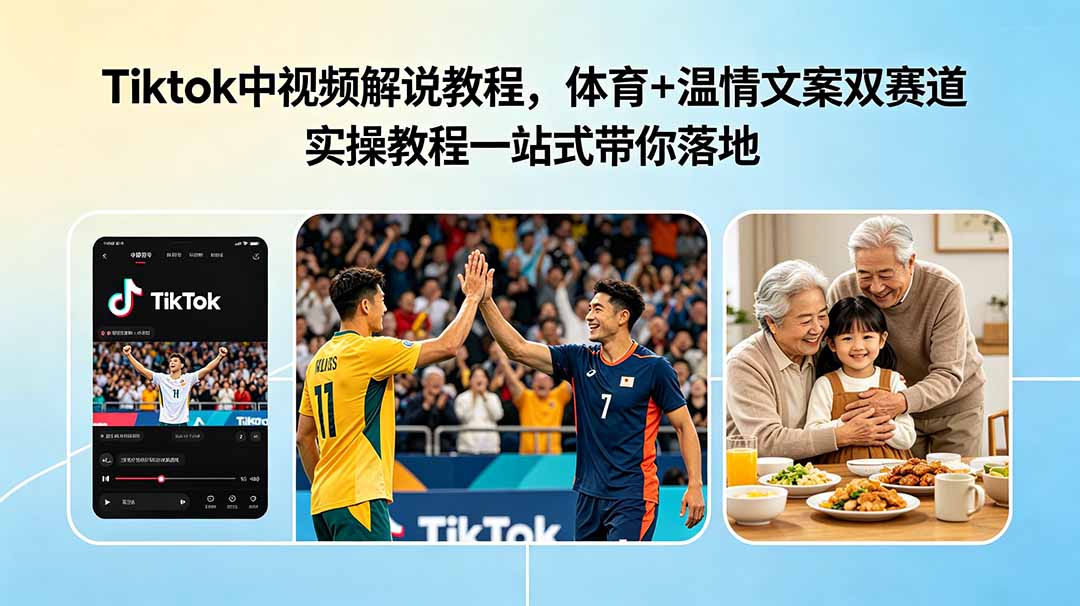 Tiktok中视频解说教程,体育+温情文案双赛道实操教程一站式带你落地-极客网创