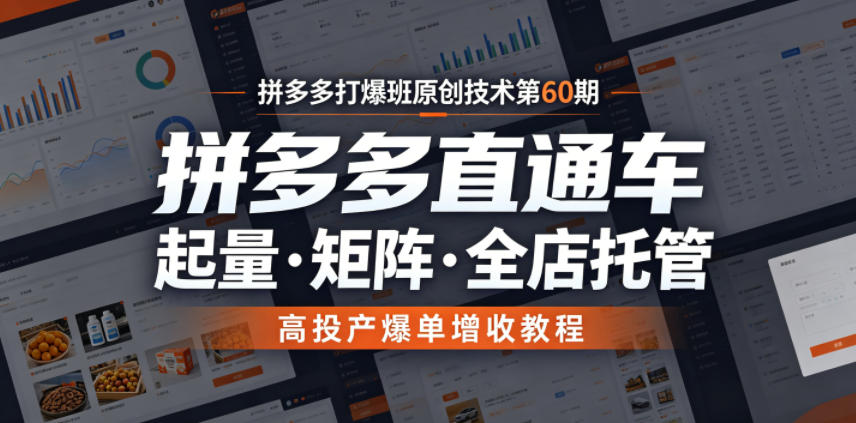 拼多多打爆班原创技术第60期,拼多多直通车,起量・矩阵・全店托管,高投产爆单增收教程-极客网创