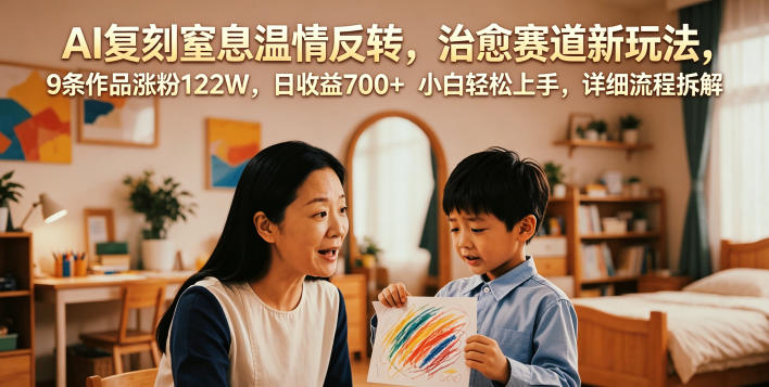 AI复刻窒息温情反转,治愈赛道新玩法,9条作品涨粉122W,日收益700+ 小白轻松上手,详细流程拆解-极客网创