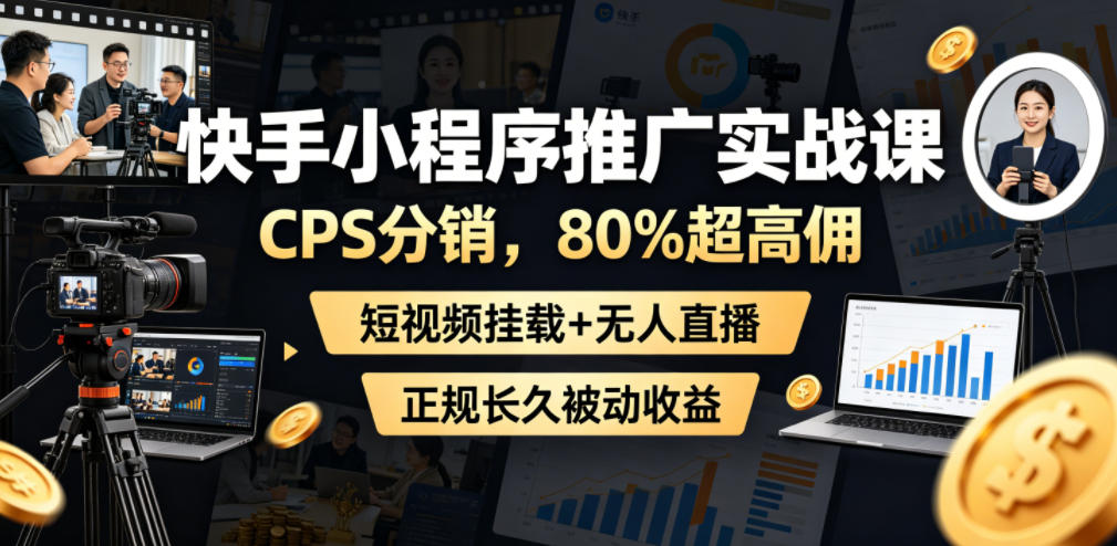 快手小程序推广实战课,CPS分销,80%超高佣,短视频挂载+无人直播,正规长久被动收益-极客网创