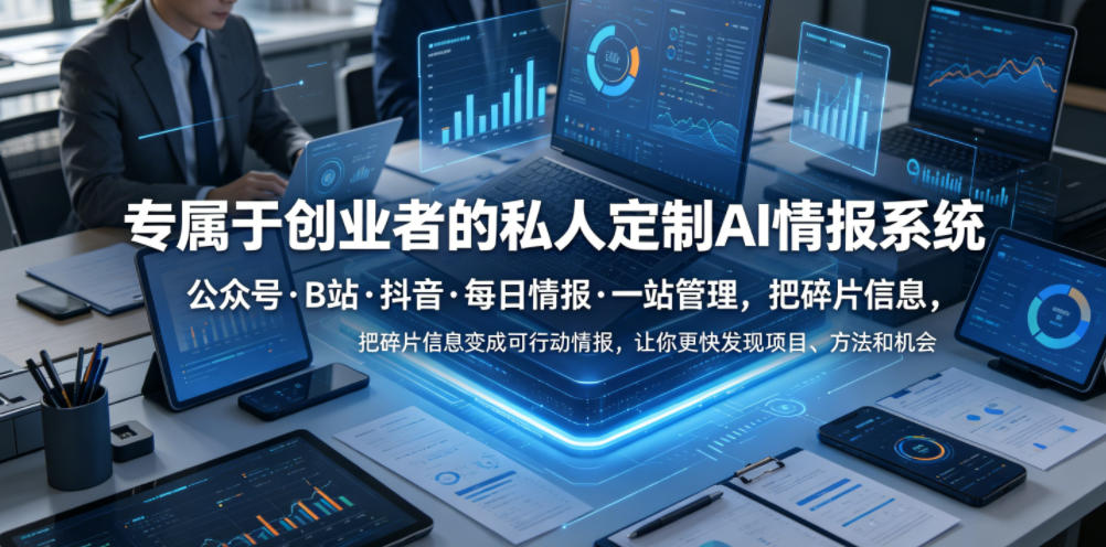 专属于创业者的私人定制AI情报系统,公众号·B站·抖音·每日情报·一站管理,把碎片信息变成可行动情报,让你更快发现项目、方法和机会-极客网创