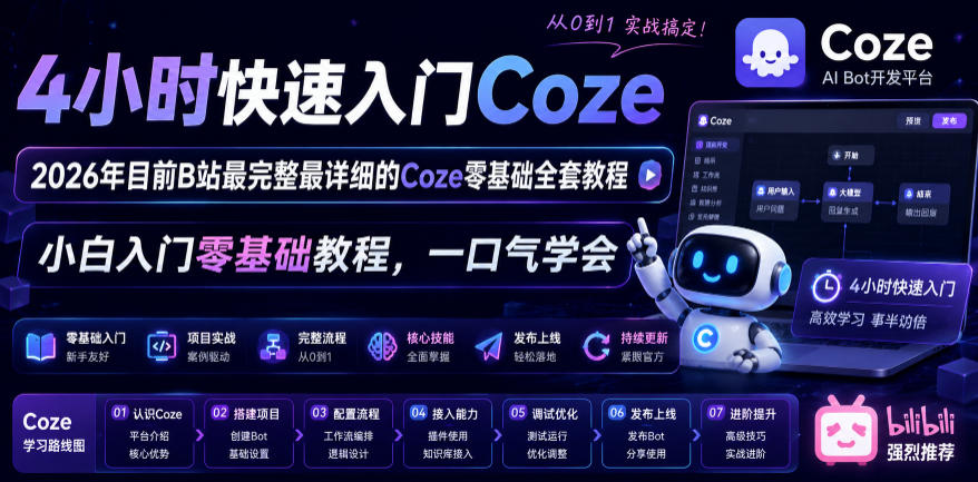 4小时快速入门Coze!2026年目前B站最完整最详细的Coze零基础全套教程,小白入门零基础教程,一口气学会!-极客网创