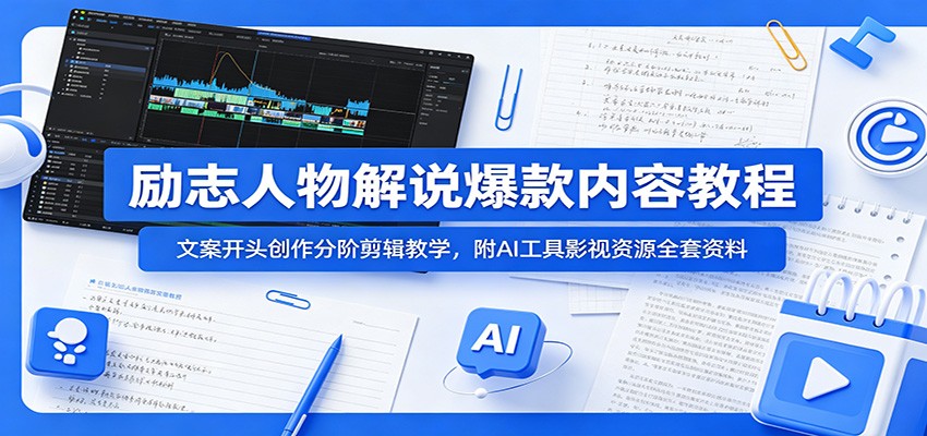 励志人物解说爆款内容教程：文案开头创作分阶剪辑教学，附AI 工具影视资源全套资料-极客网创